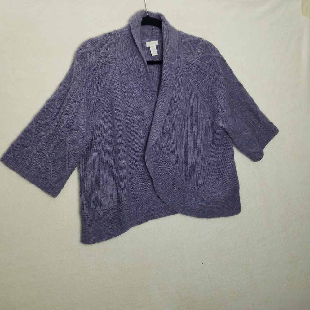 Chicos W 2 Open Front Draped Cardigan Cable Knit‎ 3/4 Sleeve Periwinkle Sweater